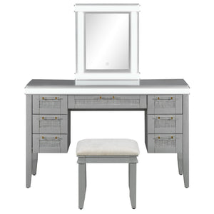 English Elm 48" Vanity Desk with Led Mirror Bamboo Drawer Panels Cushioned Stool Rubberwood Legs Grayish Blue N704G202310E