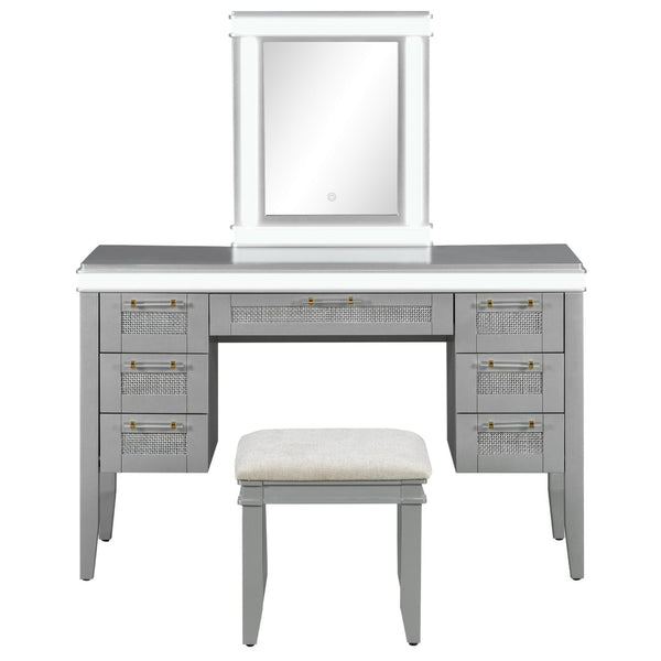 English Elm 48" Vanity Desk with Led Mirror Bamboo Drawer Panels Cushioned Stool Rubberwood Legs Grayish Blue N704G202310E