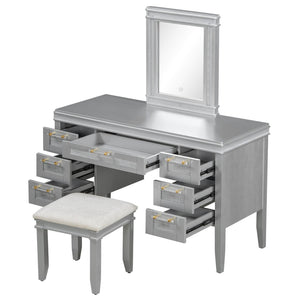 English Elm 48" Vanity Desk with Led Mirror Bamboo Drawer Panels Cushioned Stool Rubberwood Legs Grayish Blue N704G202310E
