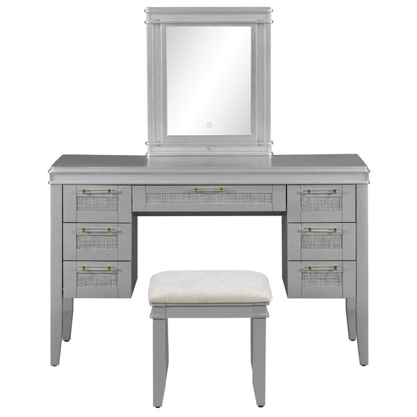 English Elm 48" Vanity Desk with Led Mirror Bamboo Drawer Panels Cushioned Stool Rubberwood Legs Grayish Blue N704G202310E