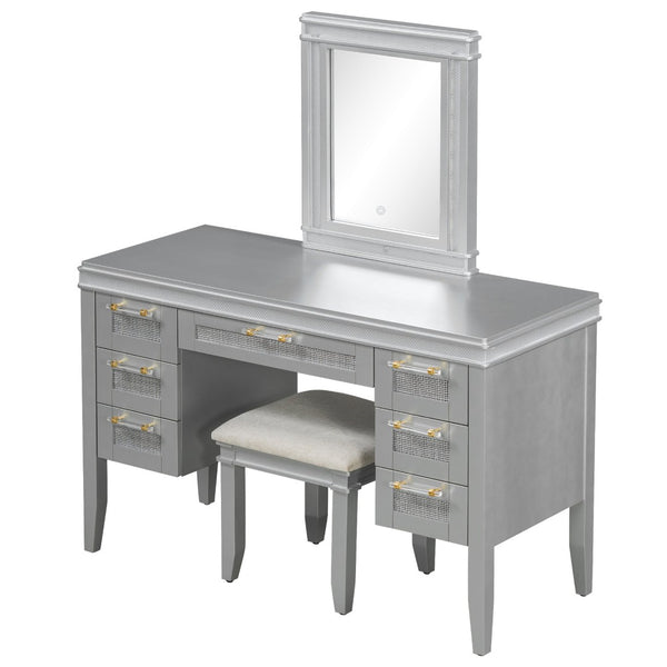 English Elm 48" Vanity Desk with Led Mirror Bamboo Drawer Panels Cushioned Stool Rubberwood Legs Grayish Blue N704G202310E