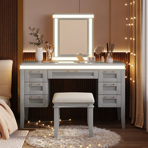 English Elm 48" Vanity Desk with Led Mirror Bamboo Drawer Panels Cushioned Stool Rubberwood Legs Grayish Blue N704G202310E