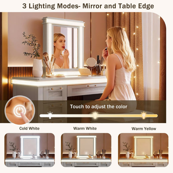 English Elm 48" Vanity Desk with Led Mirror Bamboo Drawer Panels Cushioned Stool Rubberwood Legs Grayish Blue N704G202310E