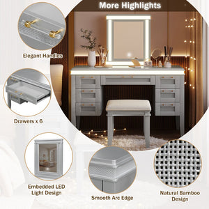 English Elm 48" Vanity Desk with Led Mirror Bamboo Drawer Panels Cushioned Stool Rubberwood Legs Grayish Blue N704G202310E