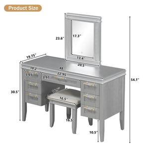English Elm 48" Vanity Desk with Led Mirror Bamboo Drawer Panels Cushioned Stool Rubberwood Legs Grayish Blue N704G202310E