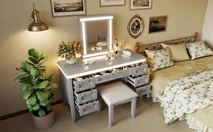 English Elm 48" Vanity Desk with Led Mirror Bamboo Drawer Panels Cushioned Stool Rubberwood Legs Grayish Blue N704G202310E