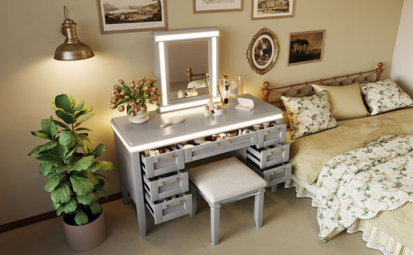 English Elm 48" Vanity Desk with Led Mirror Bamboo Drawer Panels Cushioned Stool Rubberwood Legs Grayish Blue N704G202310E