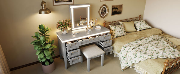 English Elm 48" Vanity Desk with Led Mirror Bamboo Drawer Panels Cushioned Stool Rubberwood Legs Grayish Blue N704G202310E