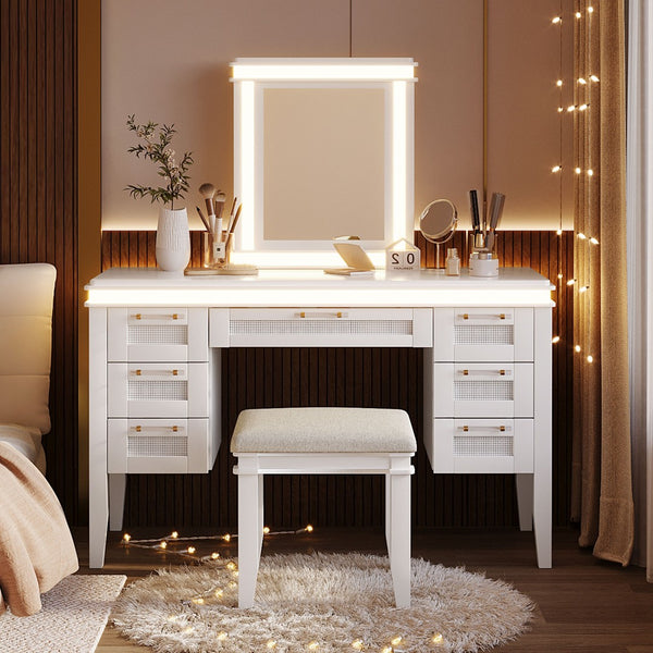 English Elm 48" Vanity Desk with Led Mirror Bamboo Drawer Panels Cushioned Stool Rubberwood Legs Light Beige N704G202310K