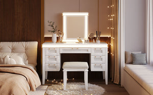 English Elm 48" Vanity Desk with Led Mirror Bamboo Drawer Panels Cushioned Stool Rubberwood Legs Light Beige N704G202310K