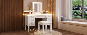 English Elm 48" Vanity Desk with Led Mirror Bamboo Drawer Panels Cushioned Stool Rubberwood Legs Light Beige N704G202310K