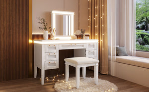English Elm 48" Vanity Desk with Led Mirror Bamboo Drawer Panels Cushioned Stool Rubberwood Legs Light Beige N704G202310K