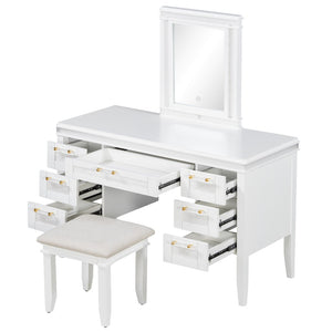 English Elm 48" Vanity Desk with Led Mirror Bamboo Drawer Panels Cushioned Stool Rubberwood Legs Light Beige N704G202310K