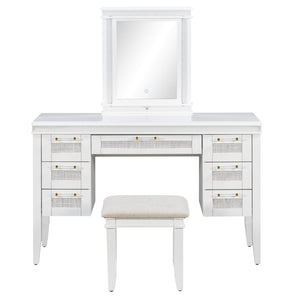 English Elm 48" Vanity Desk with Led Mirror Bamboo Drawer Panels Cushioned Stool Rubberwood Legs Light Beige N704G202310K