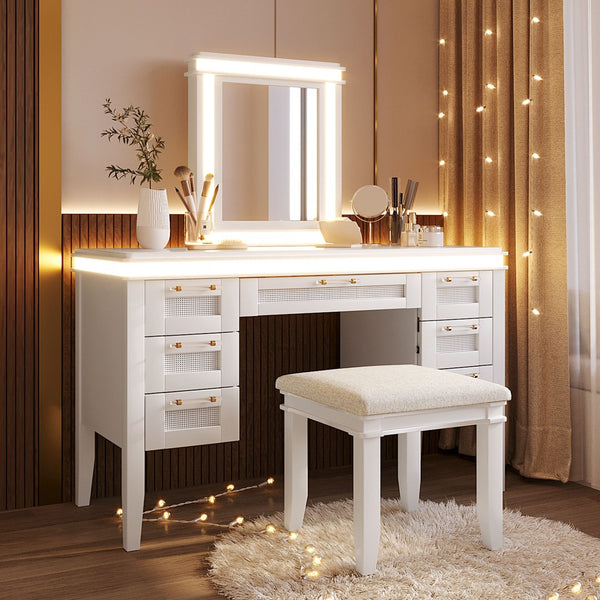 English Elm 48" Vanity Desk with Led Mirror Bamboo Drawer Panels Cushioned Stool Rubberwood Legs Light Beige N704G202310K