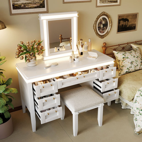 English Elm 48" Vanity Desk with Led Mirror Bamboo Drawer Panels Cushioned Stool Rubberwood Legs Light Beige N704G202310K