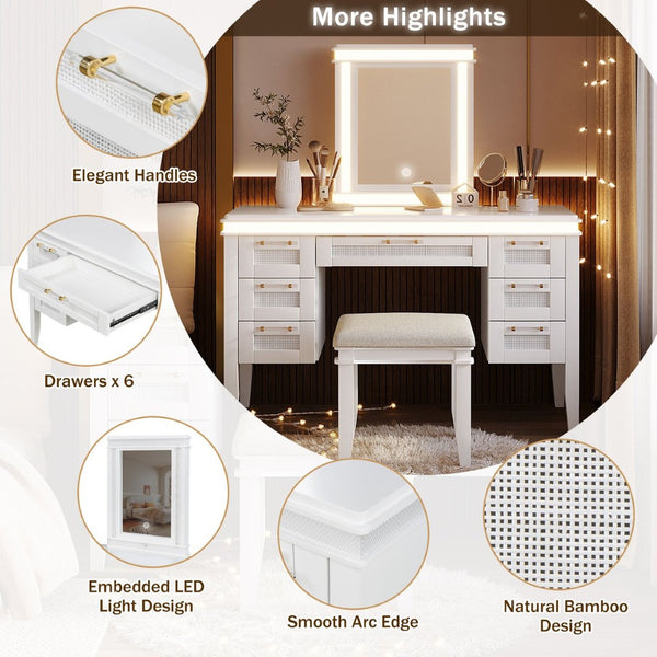 English Elm 48" Vanity Desk with Led Mirror Bamboo Drawer Panels Cushioned Stool Rubberwood Legs Light Beige N704G202310K