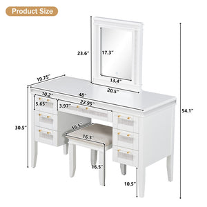 English Elm 48" Vanity Desk with Led Mirror Bamboo Drawer Panels Cushioned Stool Rubberwood Legs Light Beige N704G202310K