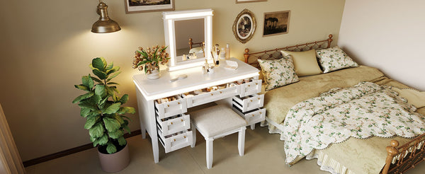 English Elm 48" Vanity Desk with Led Mirror Bamboo Drawer Panels Cushioned Stool Rubberwood Legs Light Beige N704G202310K