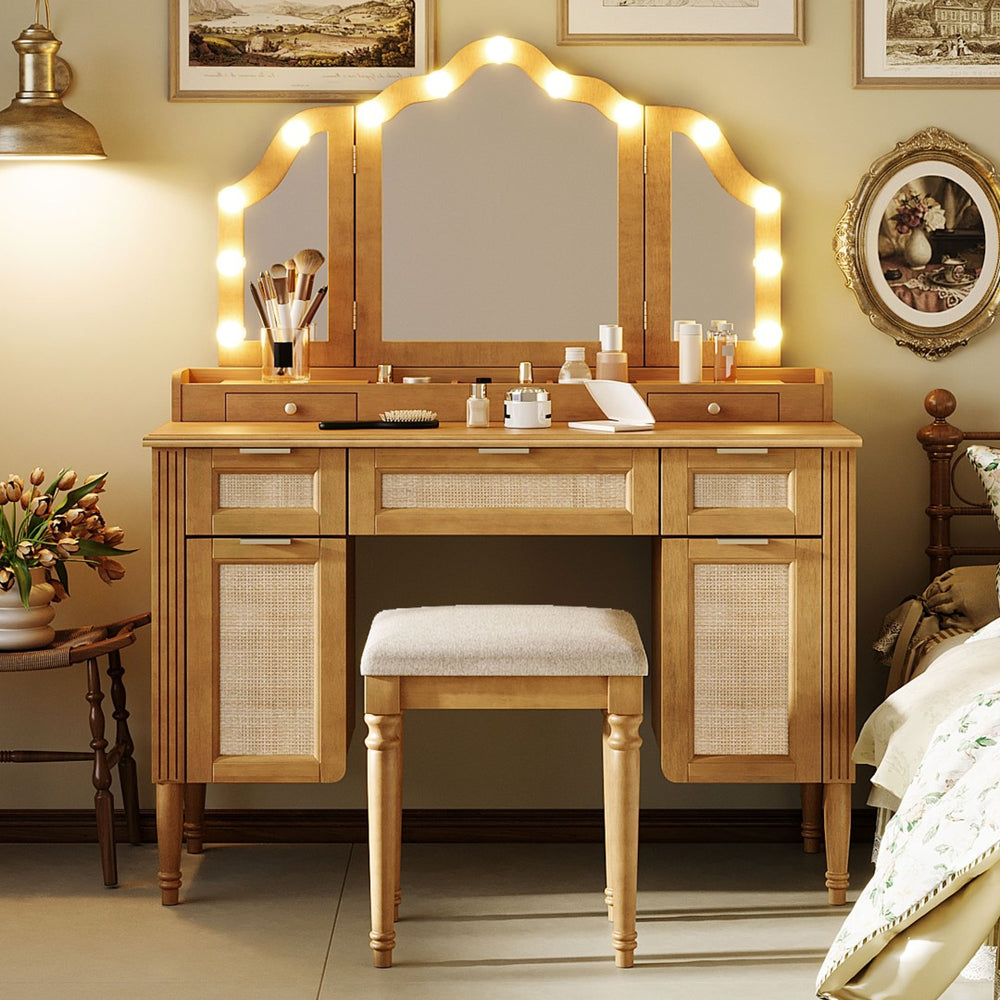 English Elm 44.37 Inch Hollywood Bulb Vanity Desk Tri-fold Mirror Five Drawers Bamboo Charging Station Natural N704P342558N