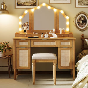 English Elm 44.37 Inch Hollywood Bulb Vanity Desk Tri-fold Mirror Five Drawers Bamboo Charging Station Natural N704P342558N