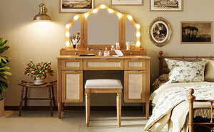 English Elm 44.37 Inch Hollywood Bulb Vanity Desk Tri-fold Mirror Five Drawers Bamboo Charging Station Natural N704P342558N
