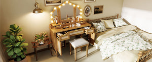 English Elm 44.37 Inch Hollywood Bulb Vanity Desk Tri-fold Mirror Five Drawers Bamboo Charging Station Natural N704P342558N