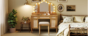 English Elm 44.37 Inch Hollywood Bulb Vanity Desk Tri-fold Mirror Five Drawers Bamboo Charging Station Natural N704P342558N
