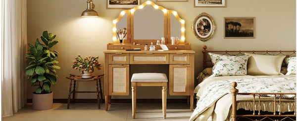 English Elm 44.37 Inch Hollywood Bulb Vanity Desk Tri-fold Mirror Five Drawers Bamboo Charging Station Natural N704P342558N