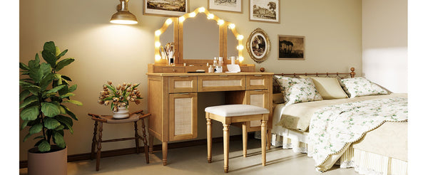 English Elm 44.37 Inch Hollywood Bulb Vanity Desk Tri-fold Mirror Five Drawers Bamboo Charging Station Natural N704P342558N