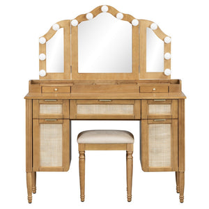 English Elm 44.37 Inch Hollywood Bulb Vanity Desk Tri-fold Mirror Five Drawers Bamboo Charging Station Natural N704P342558N