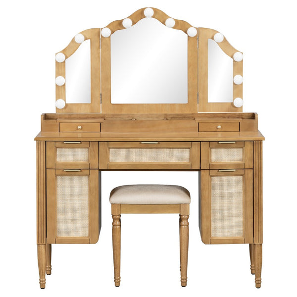 English Elm 44.37 Inch Hollywood Bulb Vanity Desk Tri-fold Mirror Five Drawers Bamboo Charging Station Natural N704P342558N