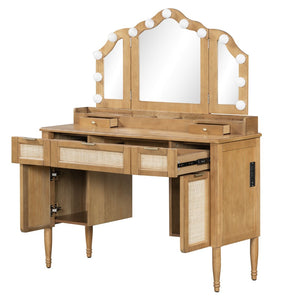 English Elm 44.37 Inch Hollywood Bulb Vanity Desk Tri-fold Mirror Five Drawers Bamboo Charging Station Natural N704P342558N