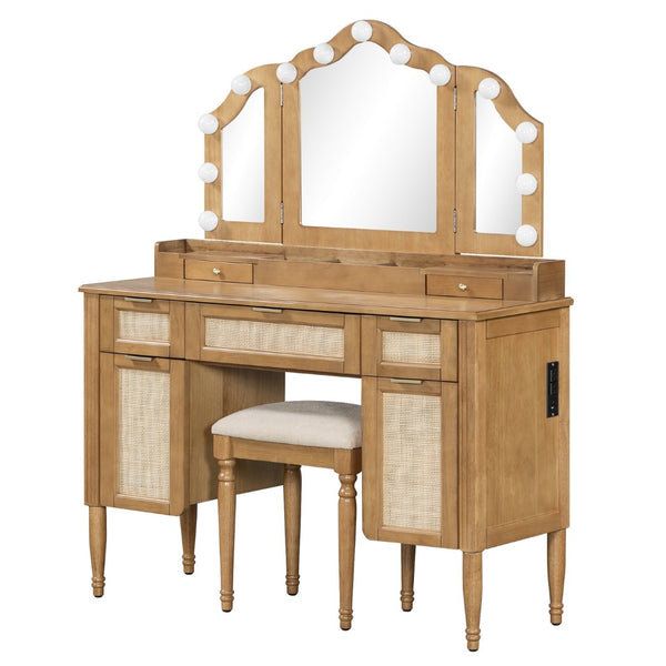 English Elm 44.37 Inch Hollywood Bulb Vanity Desk Tri-fold Mirror Five Drawers Bamboo Charging Station Natural N704P342558N
