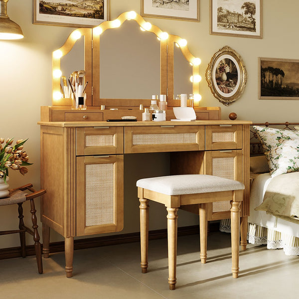 English Elm 44.37 Inch Hollywood Bulb Vanity Desk Tri-fold Mirror Five Drawers Bamboo Charging Station Natural N704P342558N