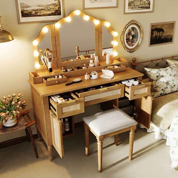 English Elm 44.37 Inch Hollywood Bulb Vanity Desk Tri-fold Mirror Five Drawers Bamboo Charging Station Natural N704P342558N