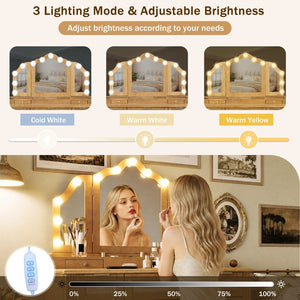 English Elm 44.37 Inch Hollywood Bulb Vanity Desk Tri-fold Mirror Five Drawers Bamboo Charging Station Natural N704P342558N