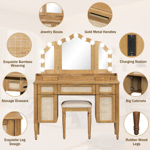 English Elm 44.37 Inch Hollywood Bulb Vanity Desk Tri-fold Mirror Five Drawers Bamboo Charging Station Natural N704P342558N