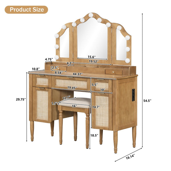 English Elm 44.37 Inch Hollywood Bulb Vanity Desk Tri-fold Mirror Five Drawers Bamboo Charging Station Natural N704P342558N