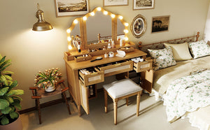 English Elm 44.37 Inch Hollywood Bulb Vanity Desk Tri-fold Mirror Five Drawers Bamboo Charging Station Natural N704P342558N