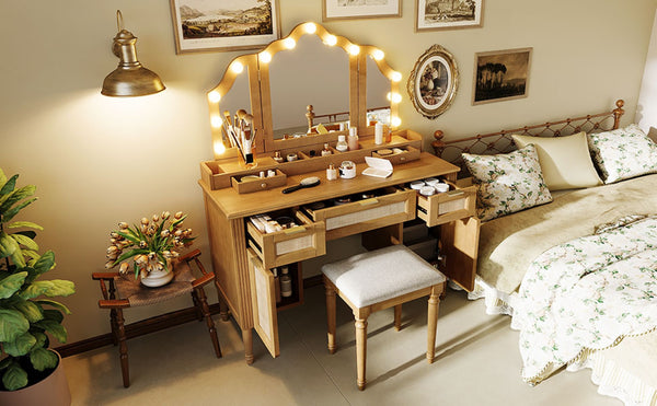 English Elm 44.37 Inch Hollywood Bulb Vanity Desk Tri-fold Mirror Five Drawers Bamboo Charging Station Natural N704P342558N