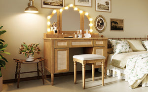 English Elm 44.37 Inch Hollywood Bulb Vanity Desk Tri-fold Mirror Five Drawers Bamboo Charging Station Natural N704P342558N