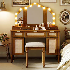 English Elm 44.37 Inch Hollywood Bulb Vanity Desk Tri-fold Mirror Five Drawers Bamboo Charging Station Espresso N704P342558P