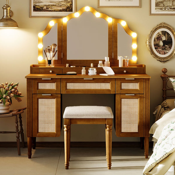 English Elm 44.37 Inch Hollywood Bulb Vanity Desk Tri-fold Mirror Five Drawers Bamboo Charging Station Espresso N704P342558P