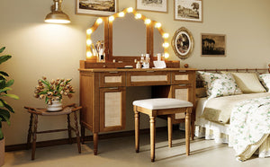English Elm 44.37 Inch Hollywood Bulb Vanity Desk Tri-fold Mirror Five Drawers Bamboo Charging Station Espresso N704P342558P