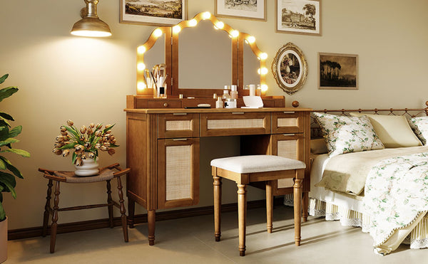 English Elm 44.37 Inch Hollywood Bulb Vanity Desk Tri-fold Mirror Five Drawers Bamboo Charging Station Espresso N704P342558P