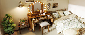 English Elm 44.37 Inch Hollywood Bulb Vanity Desk Tri-fold Mirror Five Drawers Bamboo Charging Station Espresso N704P342558P