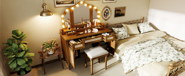 English Elm 44.37 Inch Hollywood Bulb Vanity Desk Tri-fold Mirror Five Drawers Bamboo Charging Station Espresso N704P342558P