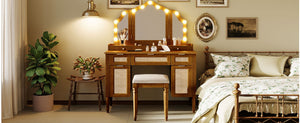 English Elm 44.37 Inch Hollywood Bulb Vanity Desk Tri-fold Mirror Five Drawers Bamboo Charging Station Espresso N704P342558P