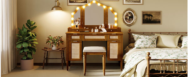 English Elm 44.37 Inch Hollywood Bulb Vanity Desk Tri-fold Mirror Five Drawers Bamboo Charging Station Espresso N704P342558P